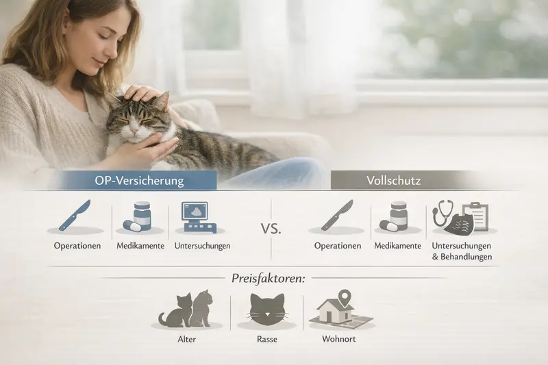 Diagramm zur Gegenüberstellung von OP-Versicherung und Vollschutz für Katzen, inklusive Kostenarten und Preisfaktoren.
