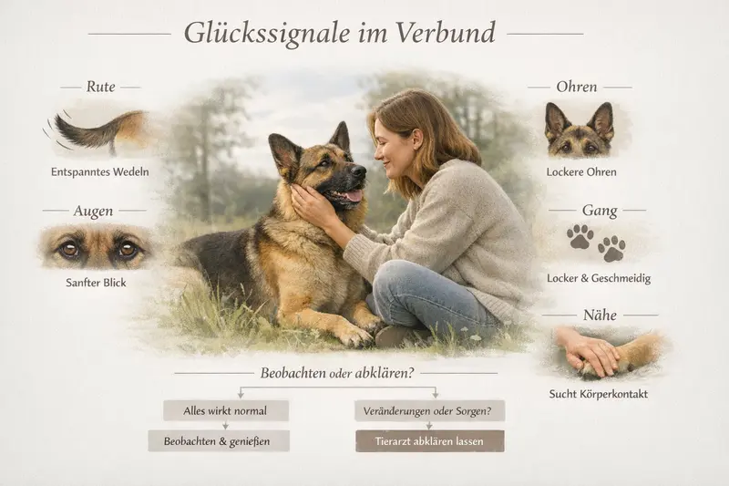 Infografik zeigt die Glückssignale von Hunden wie Rute, Augen und Ohren sowie einen Mini-Entscheidungsbaum.