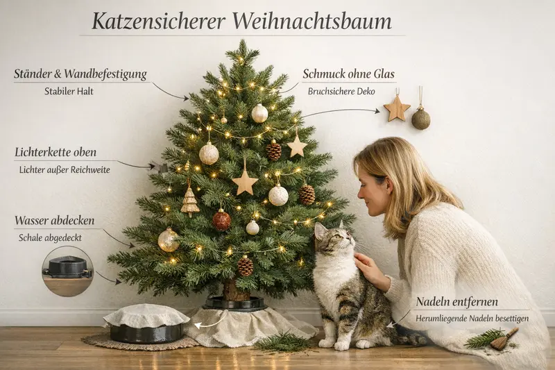 Infografik zeigt Maßnahmen für einen katzensicheren Weihnachtsbaum, darunter Ständerbefestigung und Schmuck ohne Glas.