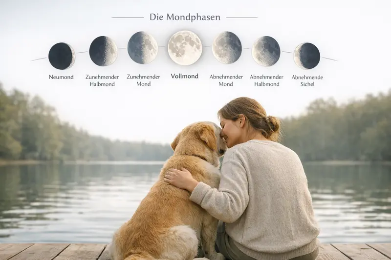 Eine Infografik zeigt die acht Mondphasen mit Neu- und Vollmond kennzeichnet, ideal für Hundebesitzer.