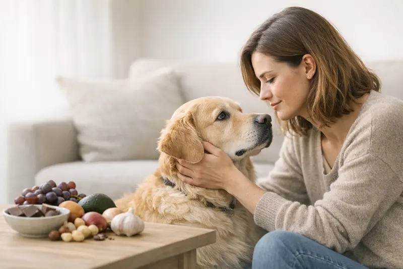 Infografik über hochriskante Lebensmittel für Hunde mit Symptomen und Notfall-Schritten