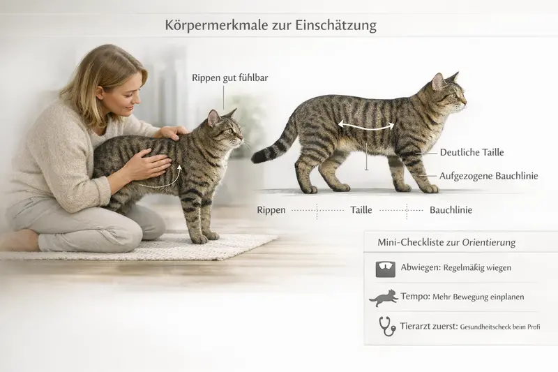 Illustration zur Einschätzung der Körpermerkmale von Katzen mit einer Mini-Checkliste für Tierhalter.