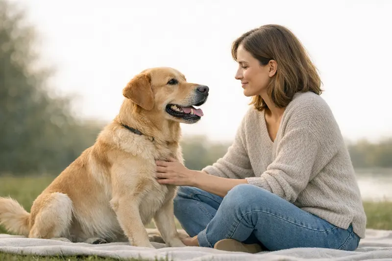 Infografik zur Körpersprache von Hunden mit Fokus auf Freude, Stress, Unterwerfung und Drohen, dargestellt durch Ohren, Maul, Augen, Rute und Rückenhaare.