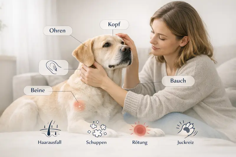 Infografik mit Körperstellen eines Hundes und verschiedenen Hautsymptomen wie Haarausfall, Schuppen, Rötung und Juckreiz.