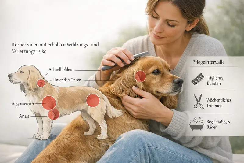 Infografik zur Pflege von Hunden zeigt Körperzonen mit erhöhtem Verfilzungs- und Verletzungsrisiko sowie Pflegeintervalle.