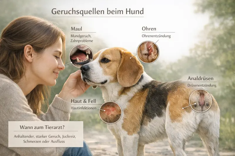 Infografik zeigt die Körperzonen eines Hundes mit möglichen Geruchsquellen und Hinweisen für den Tierarztbesuch.