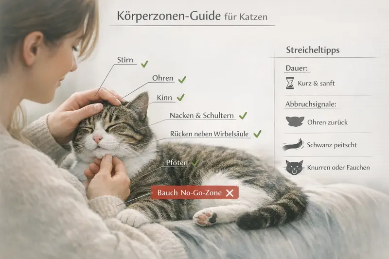 Infografik zur Anatomie der Katze mit wichtigen Körperzonen und entsprechenden Abbruchsignalen.