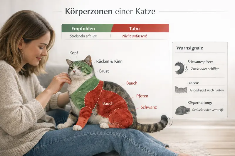 Infografik zur Körperzonen-Karte einer Katze mit empfohlenen Bereichen und Tabuzonen.