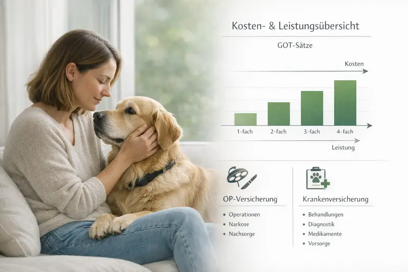 Infografik zur Kosten- und Leistungsübersicht für Hundeversicherungen, inklusive GOT 1- bis 4-fach und OP-Versicherung vs. Krankenversicherung.