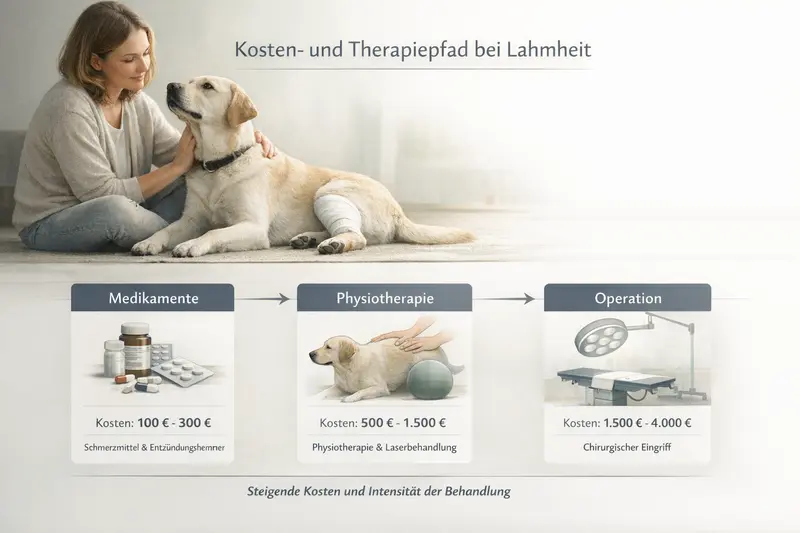 Infografik zeigt den Kosten- und Therapiepfad für lahme Hunde mit Medikamenten, Physiotherapie und Operationen.