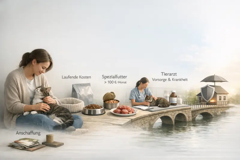 Eine informative Infografik, die die Kostenblöcke für die Katzenhaltung darstellt, einschließlich Anschaffung, laufenden Kosten und Tierarztkosten.