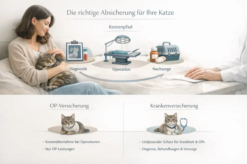 Infografik zu den Kostenpfaden für Katzen: Diagnostik, Operation und Nachsorge im Vergleich zu Versicherungen.