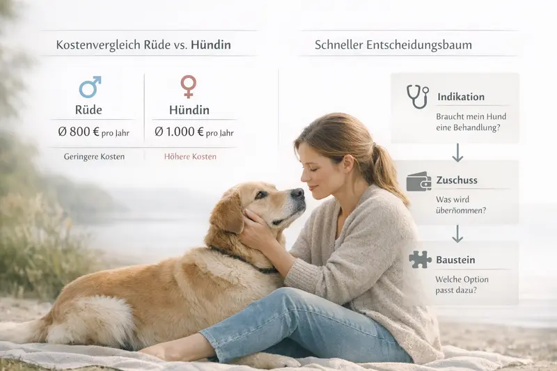 Infografik zeigt einen Kostenvergleich zwischen Rüden und Hündinnen sowie einen Entscheidungsbaum zur Tierkrankenversicherung.