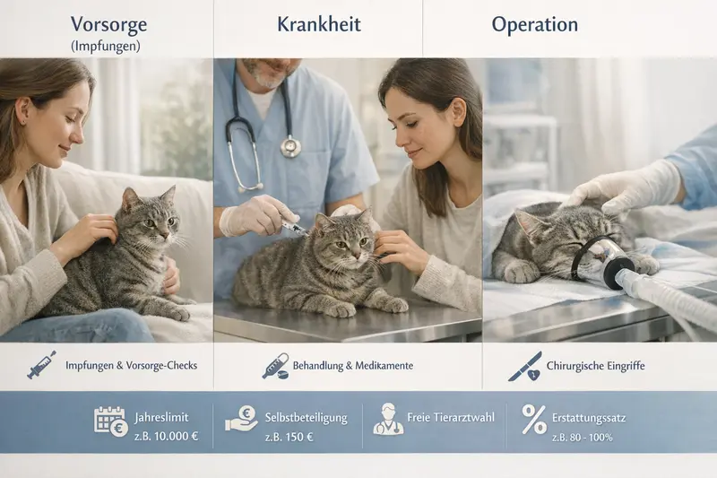 Infografik zur Leistungsabgrenzung von Impfungen, Krankheiten und Operationen bei Katzen in der Tierkrankenversicherung.