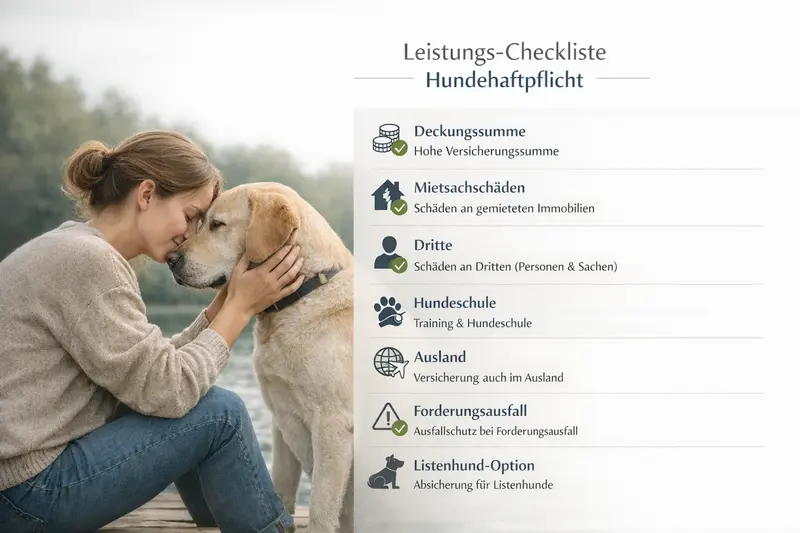Illustration einer Leistungs-Checkliste für Hundehaftpflichtversicherungen mit Punkten wie Deckungssumme und Auslandsschutz.