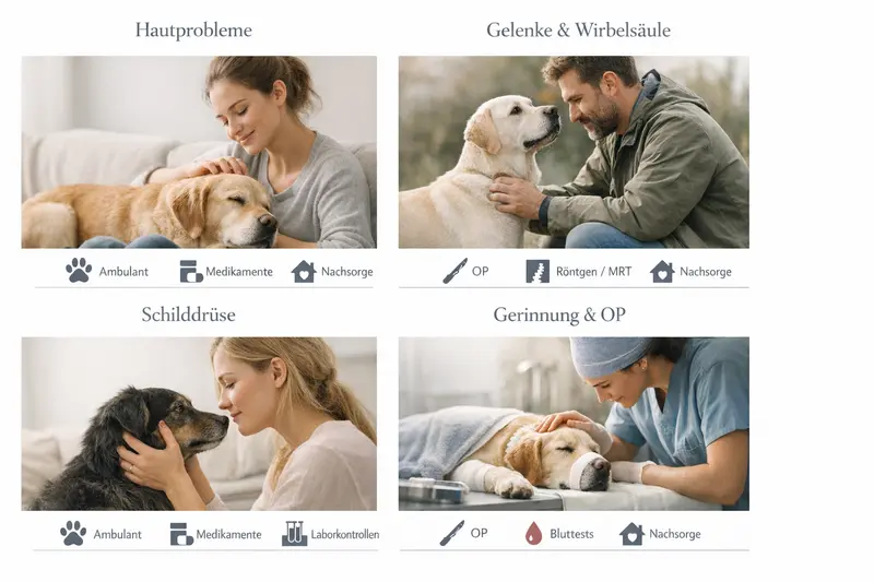 Eine Infografik, die rassetypische Themen für Hunde aufzeigt: Haut, Gelenke/Wirbelsäule, Schilddrüse und Gerinnung/OP, sowie ihre relevanten Versicherungsleistungen.