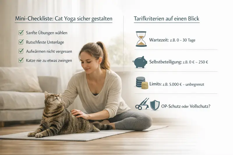 Eine informative Infografik zur sicheren Gestaltung von Cat Yoga mit Tarifkriterien für Katzenhalter.