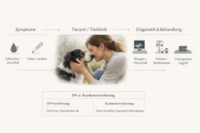 Infografik zeigt den Notfall-Flow für Hunde von Symptomen über den Gang zum Tierarzt bis hin zu Diagnostik und Behandlung.