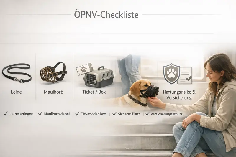 Eine Infografik zeigt die wichtige ÖPNV-Checkliste für Hunde, einschließlich Leine, Maulkorb und Ticket.
