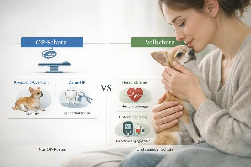 Infografik vergleicht OP-Schutz und Vollschutz für Chihuahua mit häufigen Krankheitsbildern.