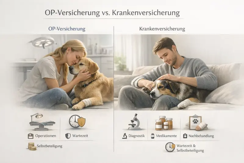 Infografik, die die Unterschiede zwischen einer OP-Versicherung und einer Krankenversicherung für Hunde erläutert.