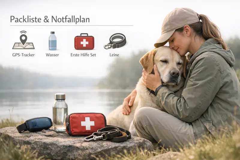 Infografik mit Packliste und Notfallplan für Hundebesitzer, einschließlich GPS, Wasser, Erste-Hilfe und Leine.