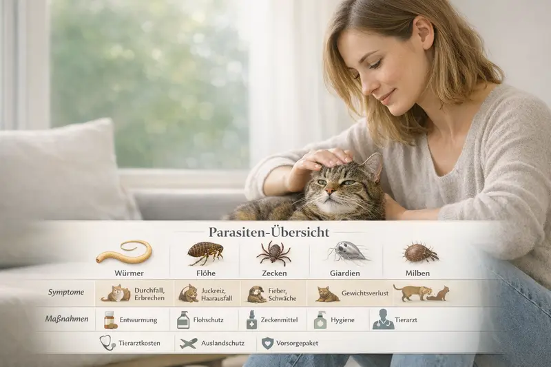 Infografik zur Übersicht von Parasiten bei Katzen, einschließlich Würmer, Flöhe, Zecken, Giardien und Milben mit Symptomen und Maßnahmen.