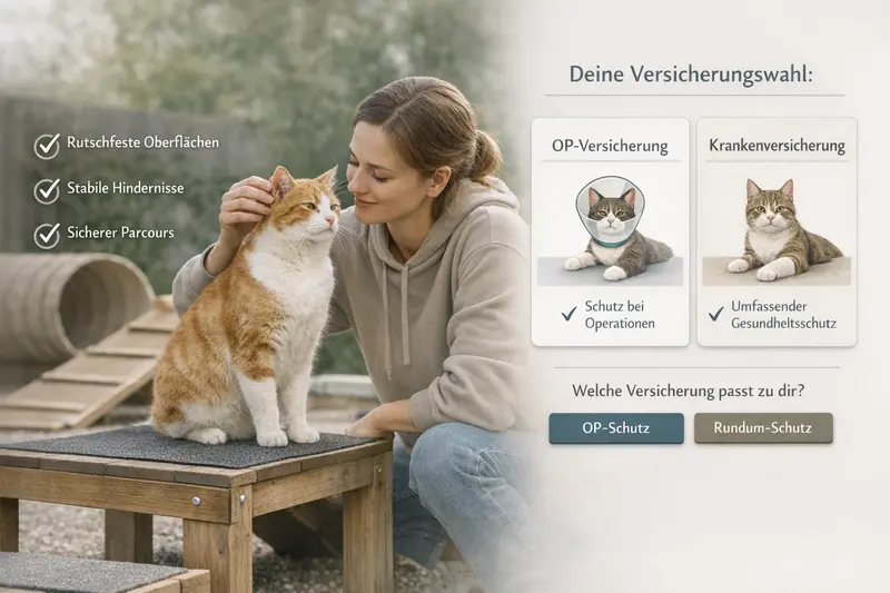Sichere Parcours-Elemente für Katzen mit rutschfesten Oberflächen und stabilen Hindernissen, neben einer Infobox zur Entscheidung zwischen Operations- und Krankenversicherung.