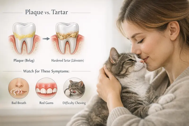 Eine Infografik, die die Unterschiede zwischen Plaque und Zahnstein bei Katzen veranschaulicht, mit Icons für Mundgeruch, rotes Zahnfleisch und Kauprobleme.