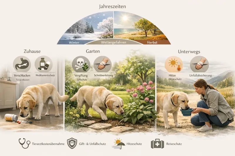 Infografik zeigt potenzielle Gefahren für Hunde im Zuhause, Garten und unterwegs mit Icons für Verschlucken, Vergiftung, Hitze und Schnittverletzung.