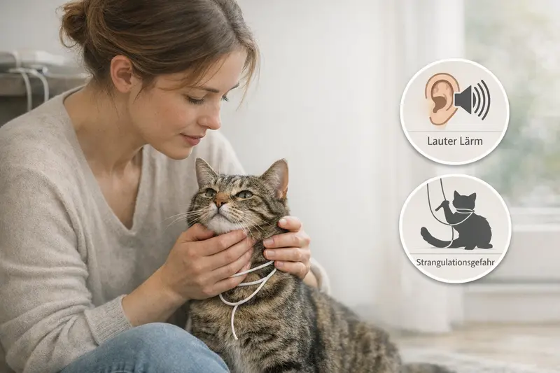 Infografik zur Risikoübersicht für Katzen bezüglich Gehörbelastung und Strangulationsunfällen.