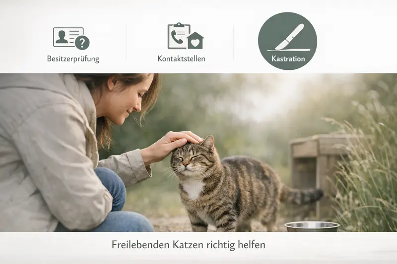 Infografik zur richtigen Hilfe für freilebende Katzen mit Schritten zur Besitzerprüfung und Kastration.
