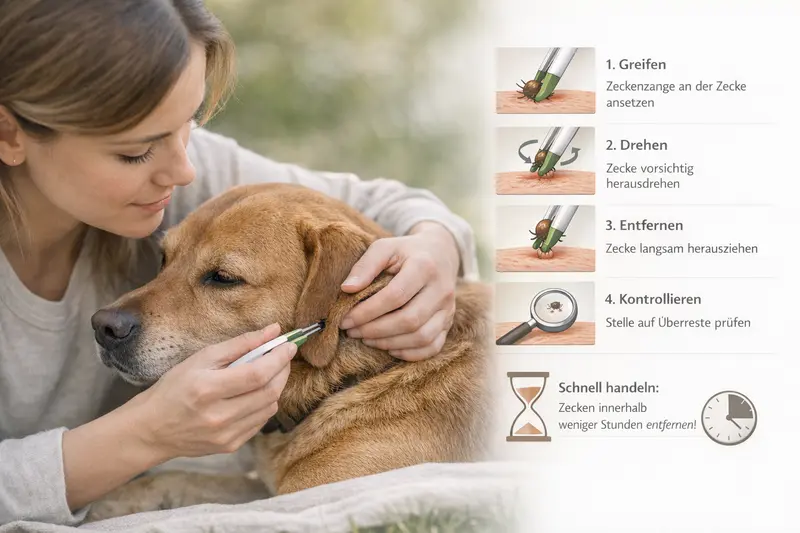 Infografik zur richtigen Zeckenentfernung bei Hunden mit einer Zeckenzange.