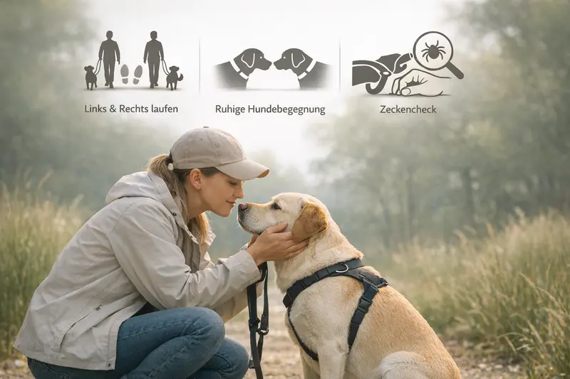 Infografik zum Schritt-für-Schritt-Leinentraining für Hunde mit Sicherheits- und Vorsorge-Check.