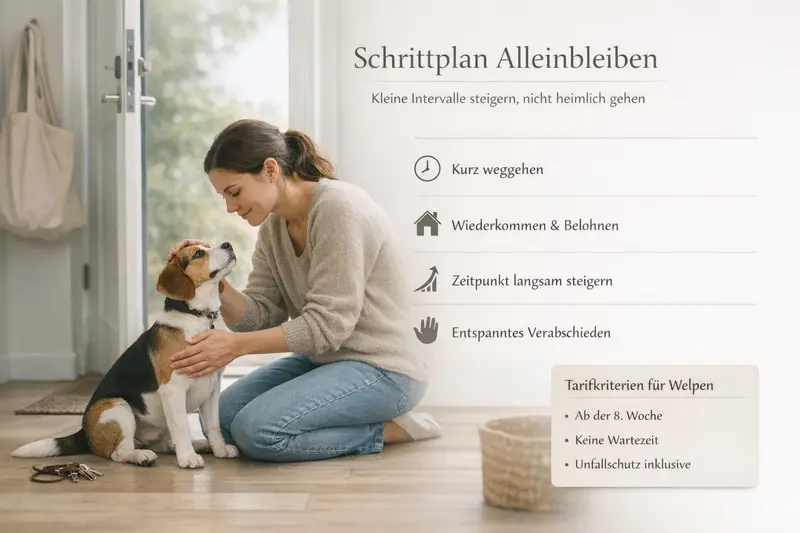 Infografik zur schrittweisen Gewöhnung an das Alleinbleiben für Hunde, ergänzt durch Tarifkriterien für Welpen.