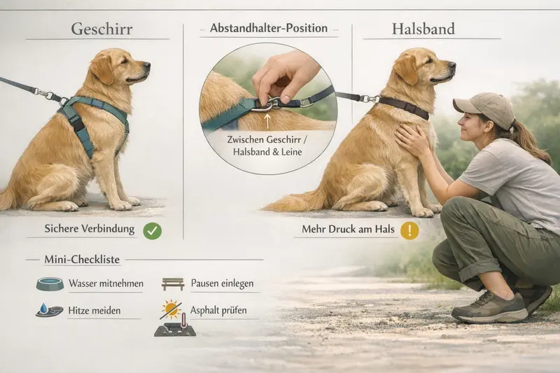 Grafik, die den Vergleich zwischen Hundegeschirr und Halsband sowie die optimale Position eines Abstandhalters darstellt.