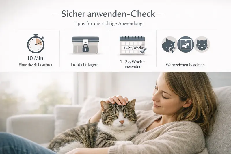 Illustration zum sicheren Umgang mit Medikamenten für Katzen, angelehnt an die wichtigsten Anwendungshinweise.
