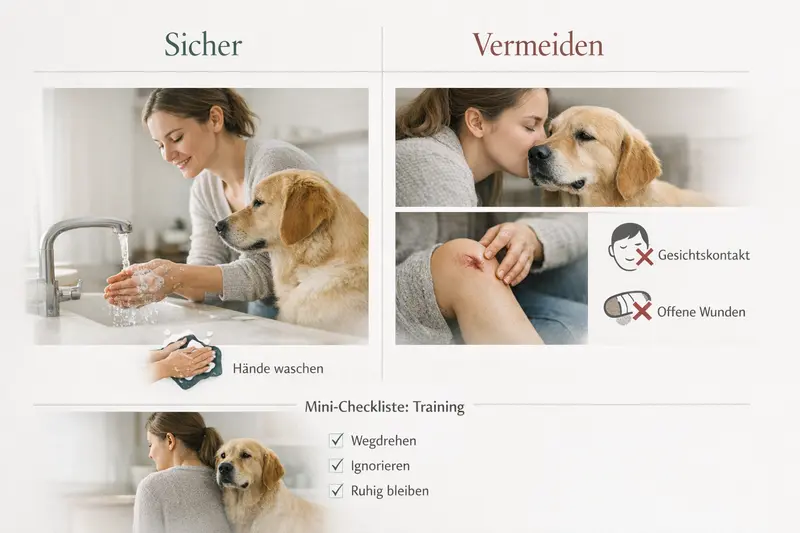 Illustration zeigt sichere und zu vermeidende Handlungen im Umgang mit Hunden.