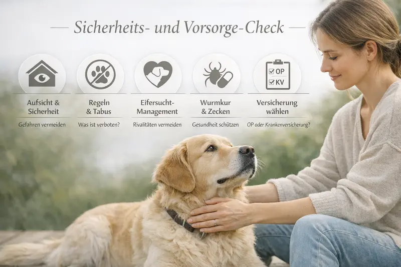 Illustration eines Sicherheits- und Vorsorge-Checks für Hunde, der wichtige Aspekte wie Aufsicht und Regel für Hundehalter behandelt.
