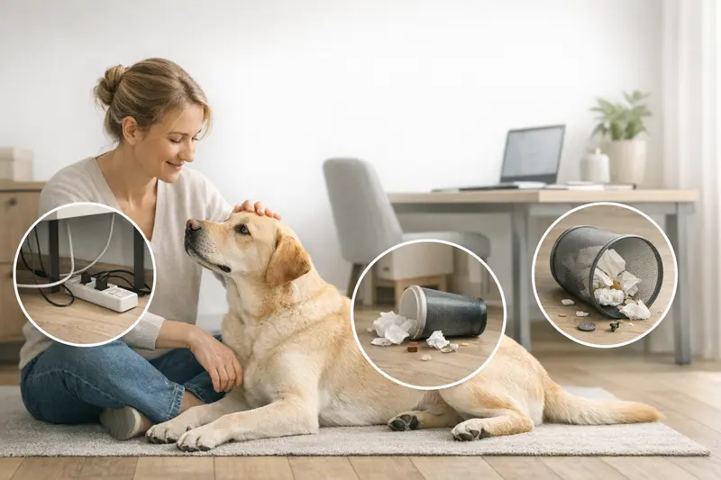 Sicherheits-Check für Hunde im Arbeitszimmer mit Fokus auf Kabel, Mülleimer und Kleinteilen.