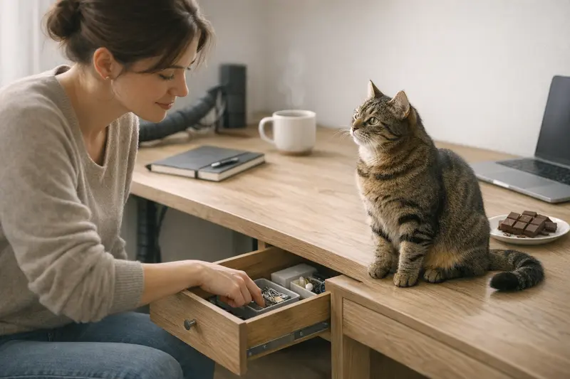 Der Sicherheits-Check im Arbeitszimmer zeigt Kabelschlauch, gesicherte Kleinteile, eine heiße Tasse sicher platziert und Schokolade außerhalb der Reichweite einer Katze.