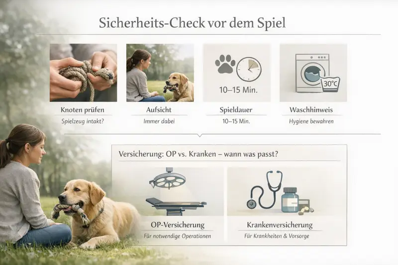 Ein Hund bereit für das Spiel mit einer Infografik zu Sicherheitschecks und Versicherungsoptionen.