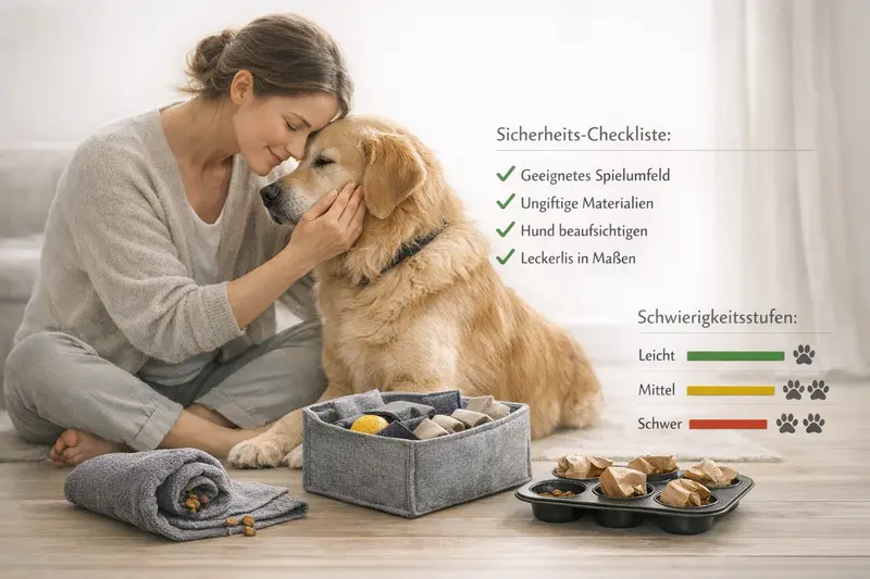 Die Sicherheits-Checkliste für Hundespiele zeigt die Schwierigkeitsstufen für Handtuch, Schnüffelbox und Muffinform.