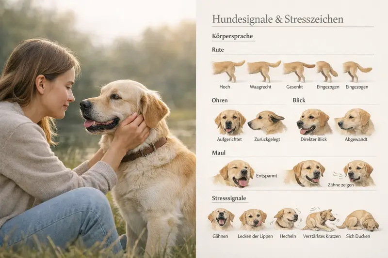 Infografik zeigt die Körpersprache von Hunden anhand von Rute, Ohren, Blick und Maul sowie Stresssignalen.