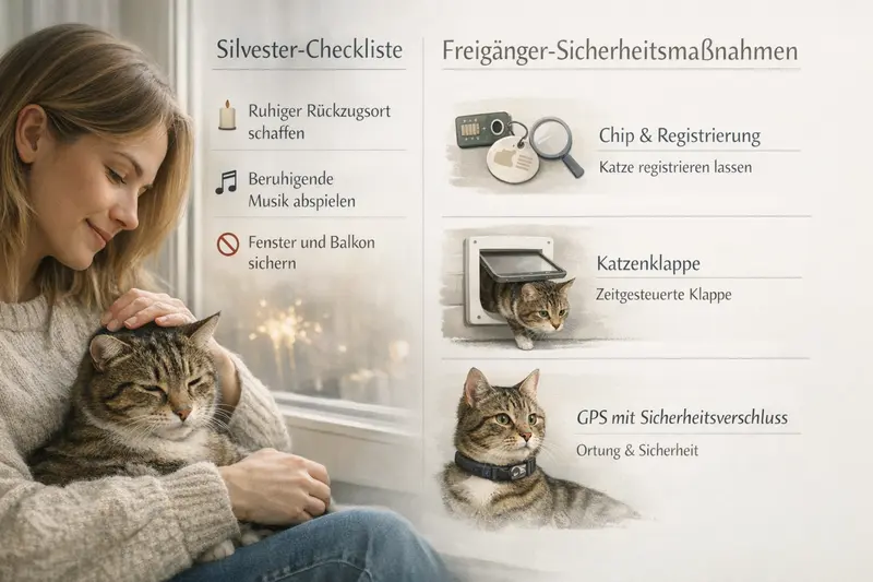 Infografik zur Silvester-Checkliste und Sicherheitsmaßnahmen für Freigänger-Katzen.