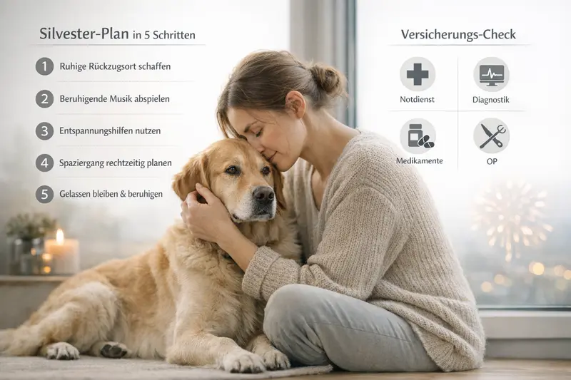 Infografik zeigt einen Silvester-Plan in 5 Schritten zur optimalen Vorbereitung für Hunde.