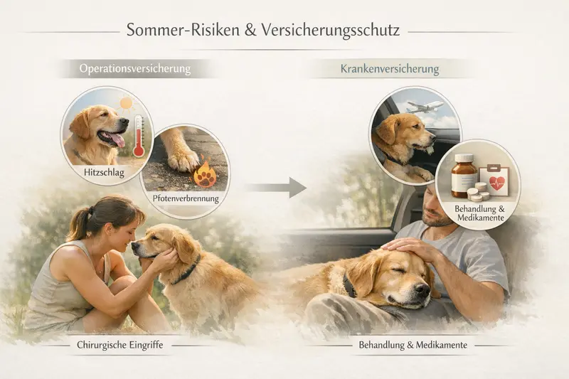 Infografik zu Sommer-Risiken für Hunde, inklusive Hitzschlag und Pfotenverbrennung, mit Informationen zu Versicherungsarten.