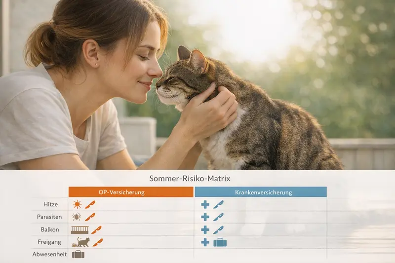 Infografik zeigt die Sommer-Risiko-Matrix für Katzen mit Hitze, Parasiten, Balkon, Freigang und Abwesenheit.