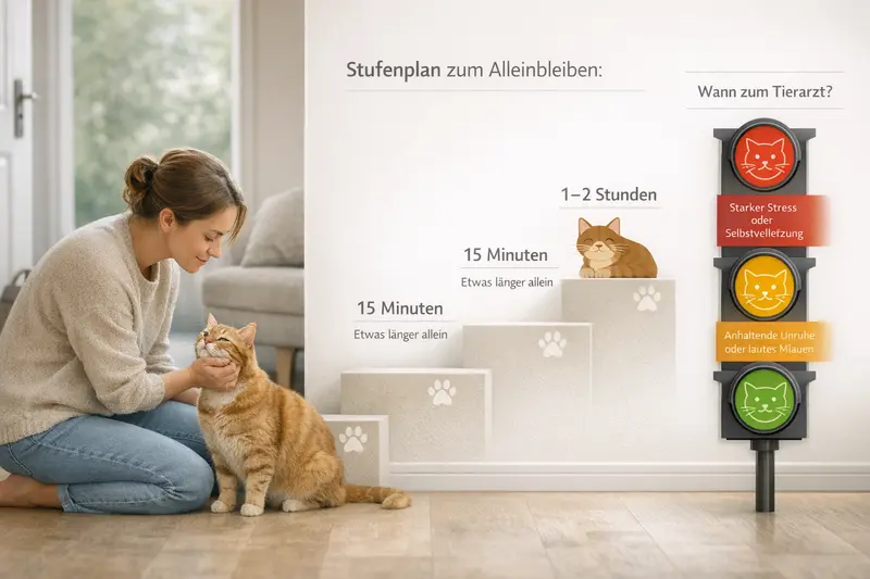 Infografik zum Stufenplan für Katzen, um allein zu bleiben, mit einer ergänzenden 'Wann zum Tierarzt'-Ampel.