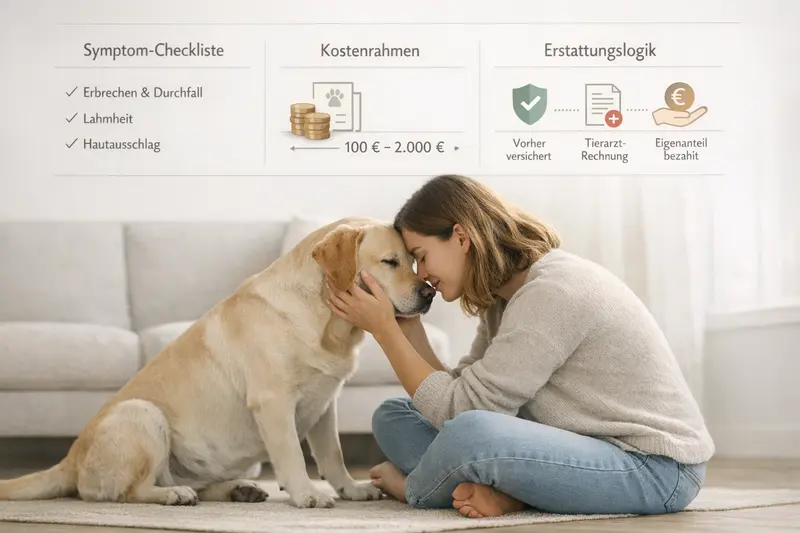 Infografik mit Symptom-Checkliste für Hunde und Informationen zu Kosten und Erstattungslogik